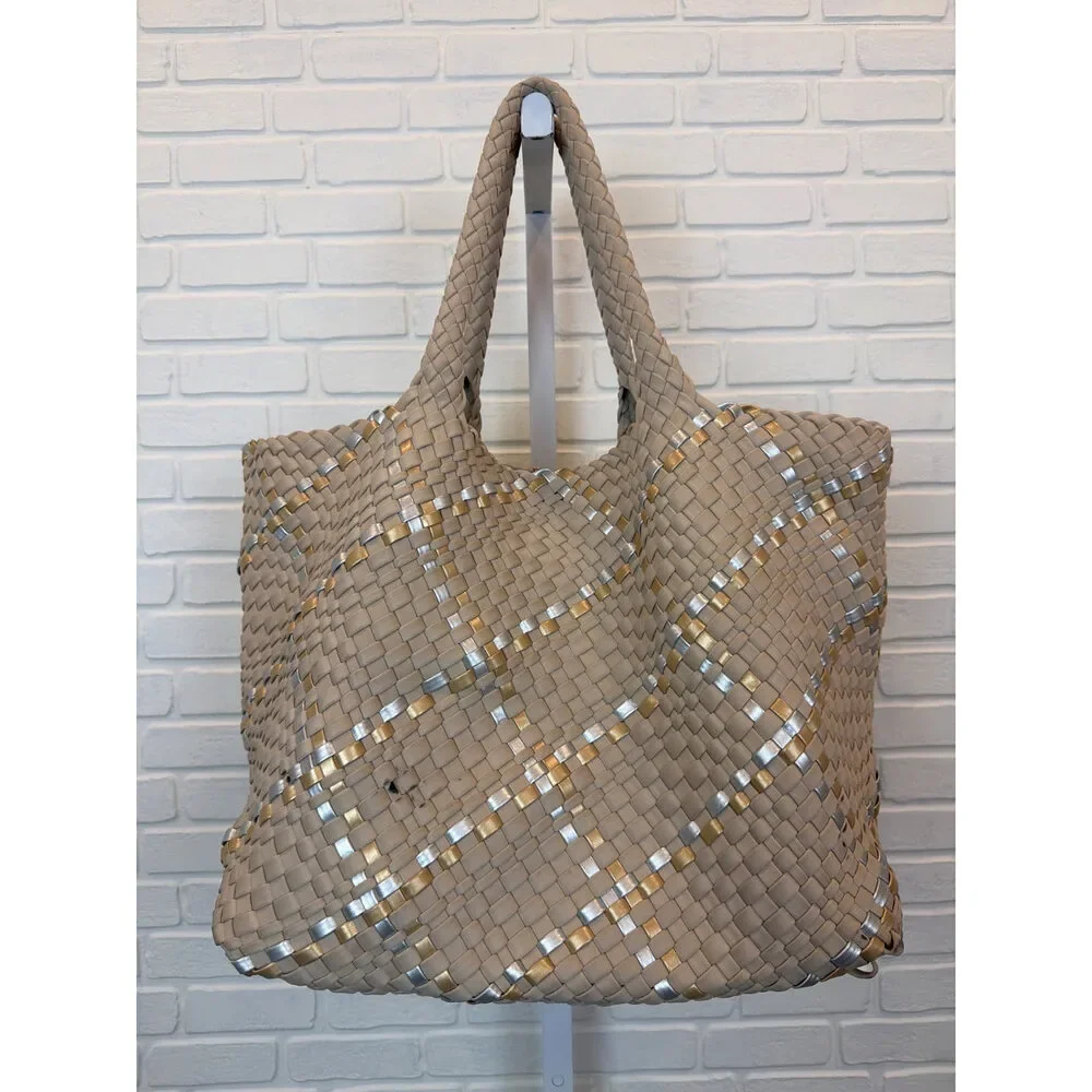 Parker & Hyde Woven Tote Bag Greige Metallic Gold Silver One Size